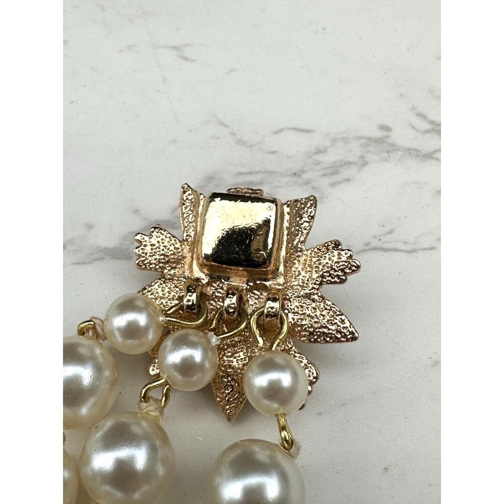 Faux Pearl Triple Strand Necklace With Gold Flower Clasp, Bridal Jewerlry, Gift - Picture 12 of 13